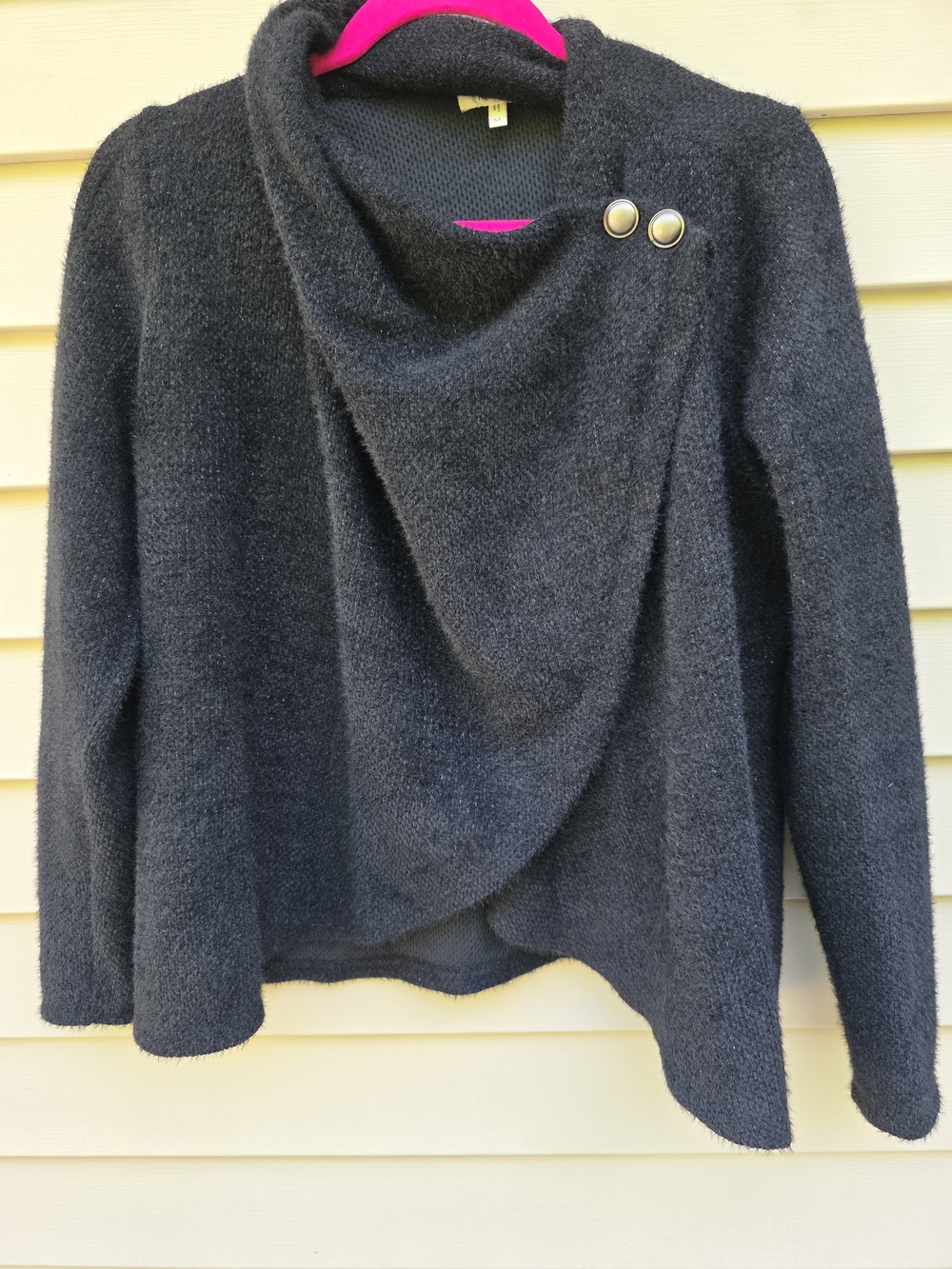 Maurices Black Asymmetric Shawl-Collar Cardigan with Button and Sparkle Detail